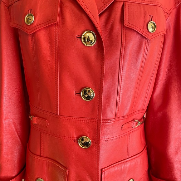 Leda Spain by Gropper Tangerine Leather Trench Coat with Gold Tone Accents - Picture 9 of 16